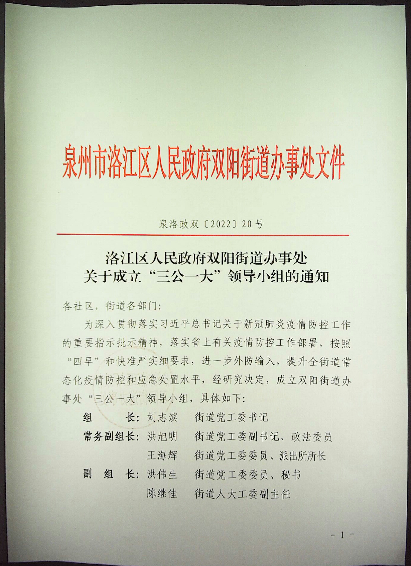 洛江区人民政府双阳街道办事处关于成立三公一大领导小组的通知